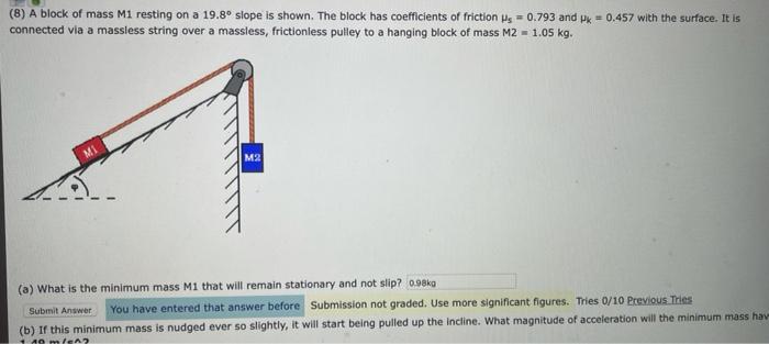 8 A Block Of Mass M1 Resting On A 19 8 Slope Is Shown The Block Has Coefficients Of Friction Ws 0 793 And X 0 45 1