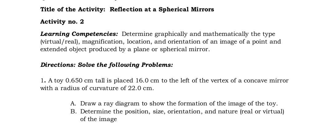 Title Of The Activity Reflection At A Spherical Mirrors Activity No 2 Learning Competencies Determine Graphically And 1