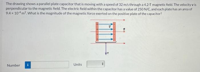 The Drawing Shows A Parallel Plate Capacitor That Is Moving With A Speed Of 32 M S Through A 4 2 T Magnetic Field The V 1
