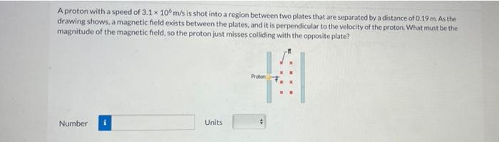 A Proton With A Speed Of 3 1 10 M S Is Shot Into A Region Between Two Plates That Are Separated By A Distance Of 0 19 1