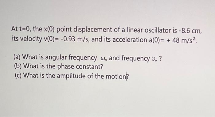 At T 0 The X 0 Point Displacement Of A Linear Oscillator Is 8 6 Cm Its Velocity V 0 0 93 M S And Its Acceleratio 1