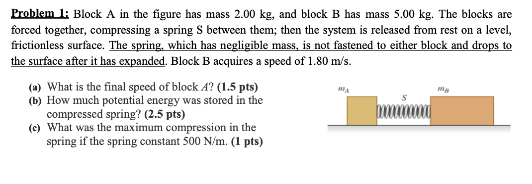 Problem 1 Block A In The Figure Has Mass 2 00 Kg And Block B Has Mass 5 00 Kg The Blocks Are Forced Together Compres 1