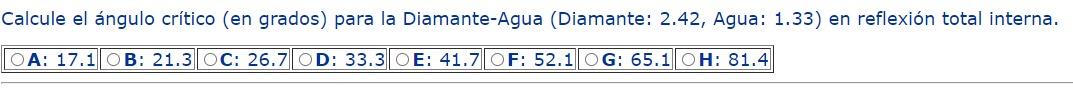 Calcule El Angulo Critico En Grados Para La Diamante Agua Diamante 2 42 Agua 1 33 En Reflexion Total Interna Oa 1