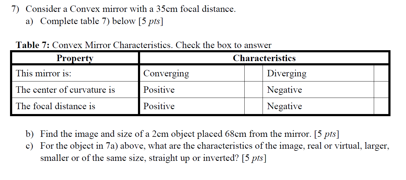 7 Consider A Convex Mirror With A 35cm Focal Distance A Complete Table 7 Below 5 Pts Table 7 Convex Mirror Charac 1