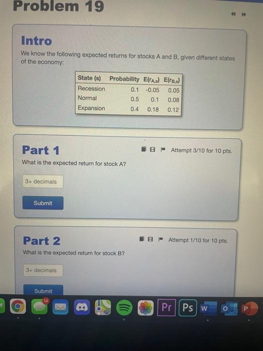 Problem 19 Intro We Know The Following Expected Returns For Stocks A And B Given Different States Of The Economy State 1