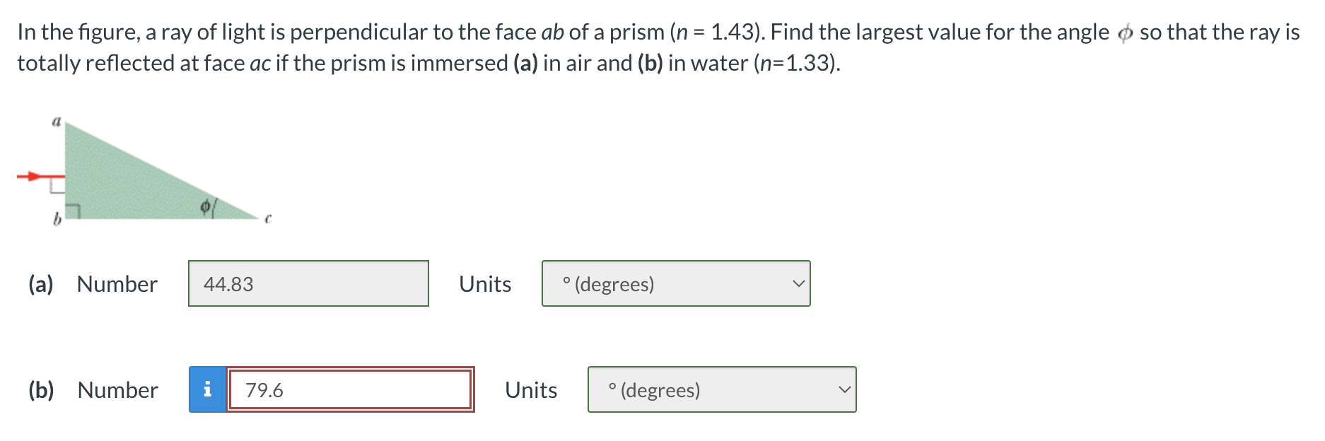 In The Figure A Ray Of Light Is Perpendicular To The Face Ab Of A Prism N 1 43 Find The Largest Value For The Angl 1