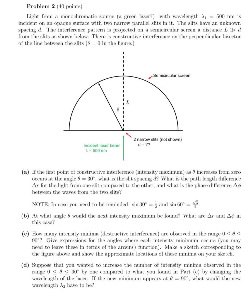 Problem 2 40 Points Light From A Monochromatic Source A Green Laser With Wavelength Ly 500 Nm Is Incident On An O 1