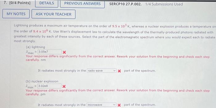 7 0 4 Points Details Previous Answers Sercp10 27 P 002 1 4 Submissions Used My Notes Ask Your Teacher Lightning Prod 1