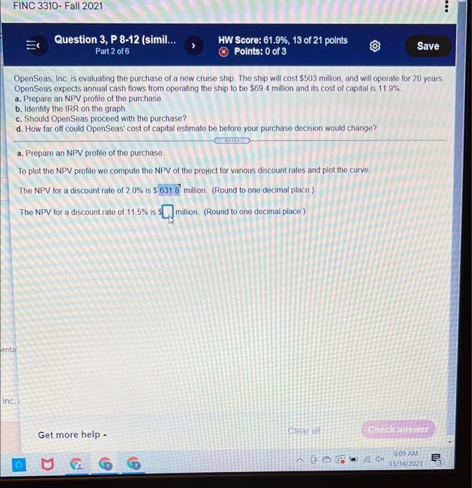 Finc 3310 Fall 2021 Cs Question 3 P 8 12 Simil Part 2 Of 6 Hw Score 61 9 13 Of 21 Points Points 0 Of 3 Save 1