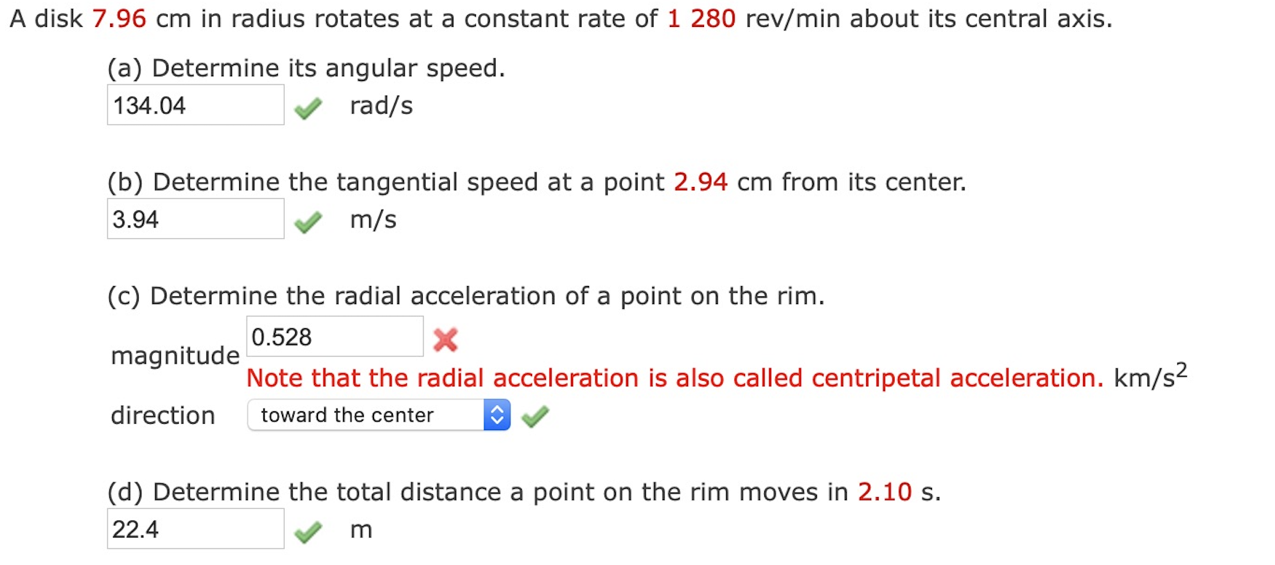 A Disk 7 96 Cm In Radius Rotates At A Constant Rate Of 1 280 Rev Min About Its Central Axis A Determine Its Angular S 1