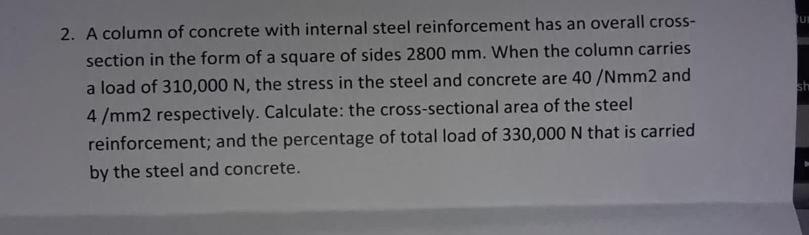 Sh 2 A Column Of Concrete With Internal Steel Reinforcement Has An Overall Cross Section In The Form Of A Square Of Si 1