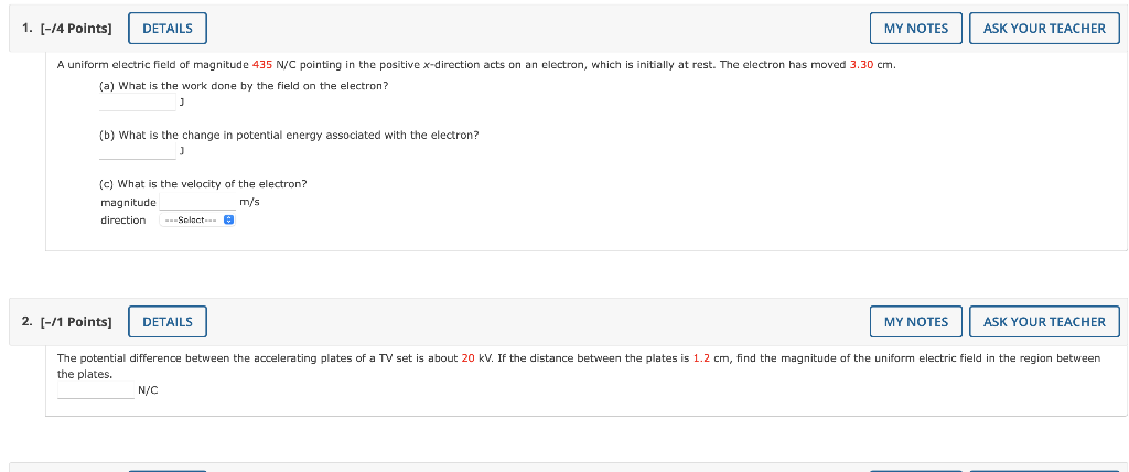 1 14 Points Details My Notes Ask Your Teacher A Uniform Electric Field Of Magnitude 435 N C Pointing In The Positive 1