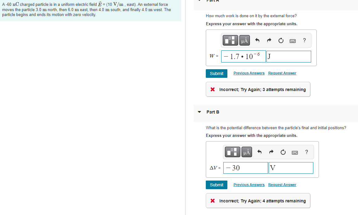 A 60 Nc Charged Particle Is In A Uniform Electric Field E 10 V M East An External Force Moves The Particle 3 0 M 1