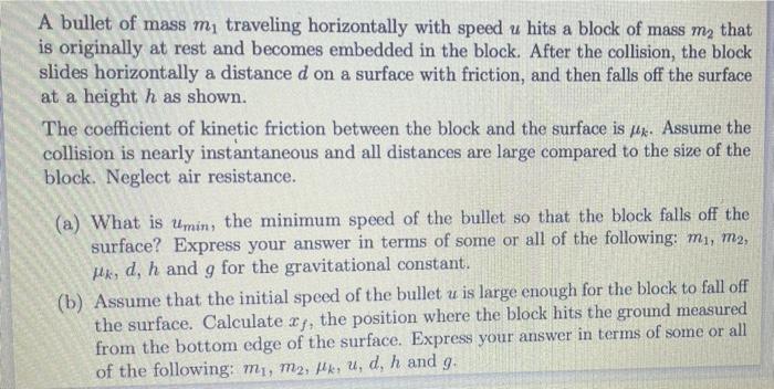 A Bullet Of Mass M Traveling Horizontally With Speed U Hits A Block Of Mass M That Is Originally At Rest And Becomes E 1