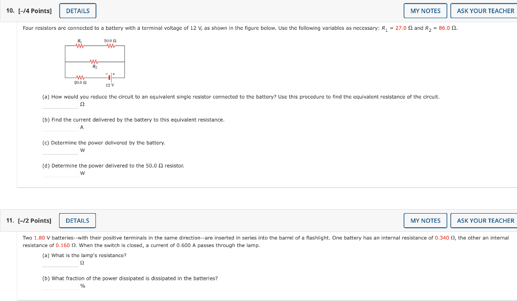 10 14 Points Details My Notes Ask Your Teacher Four Resistors Are Connected To A Battery With A Terminal Voltage Of 1