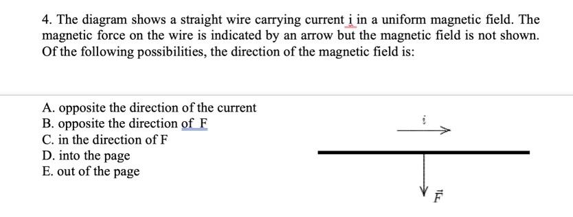 4 The Diagram Shows A Straight Wire Carrying Current I In A Uniform Magnetic Field The Magnetic Force On The Wire Is I 1
