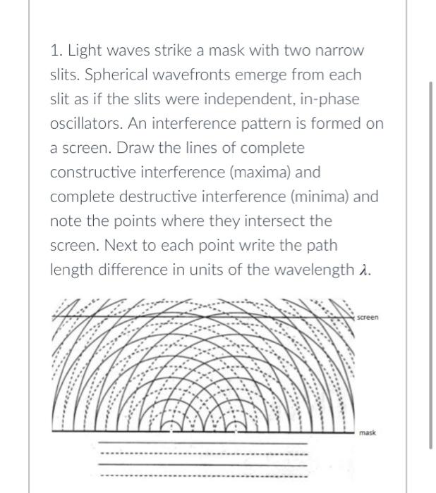1 Light Waves Strike A Mask With Two Narrow Slits Spherical Wavefronts Emerge From Each Slit As If The Slits Were Inde 1