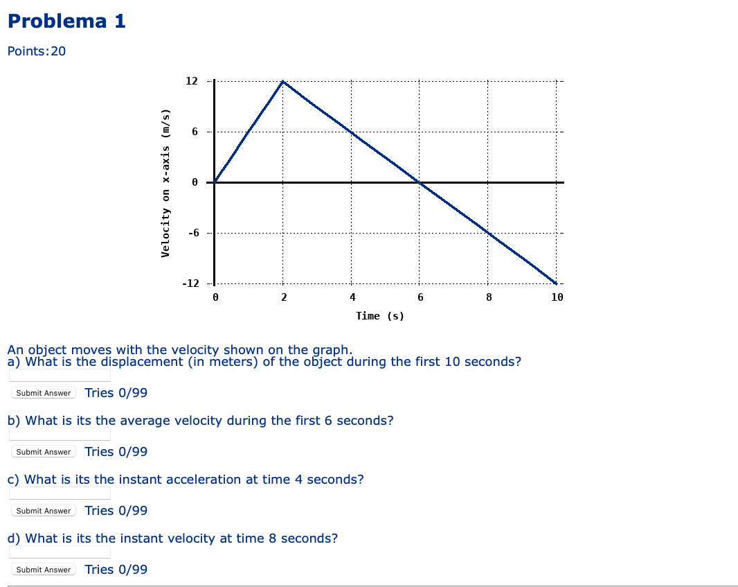 Problema 1 Points 20 12 6 Velocity On X Axis M S 6 12 0 2 6 8 10 4 Time S An Object Moves With The Velocity Shown 1