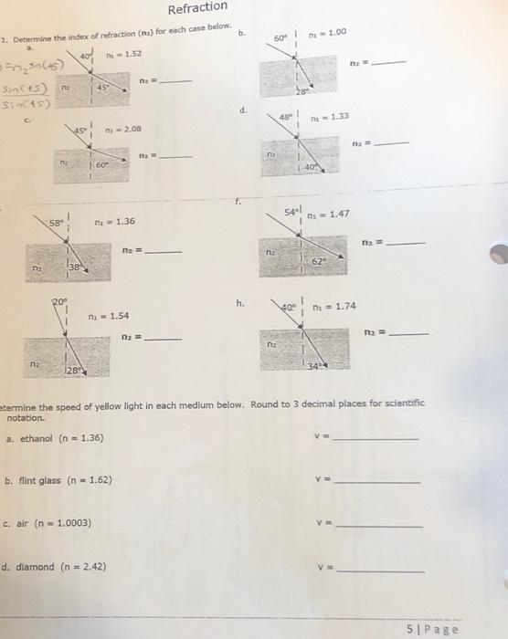 Refraction 2 Determine The Index Of Refraction Na For Each Case Below B 1 00 60 1 52 45 Sincts Sinces 45 C 48 1