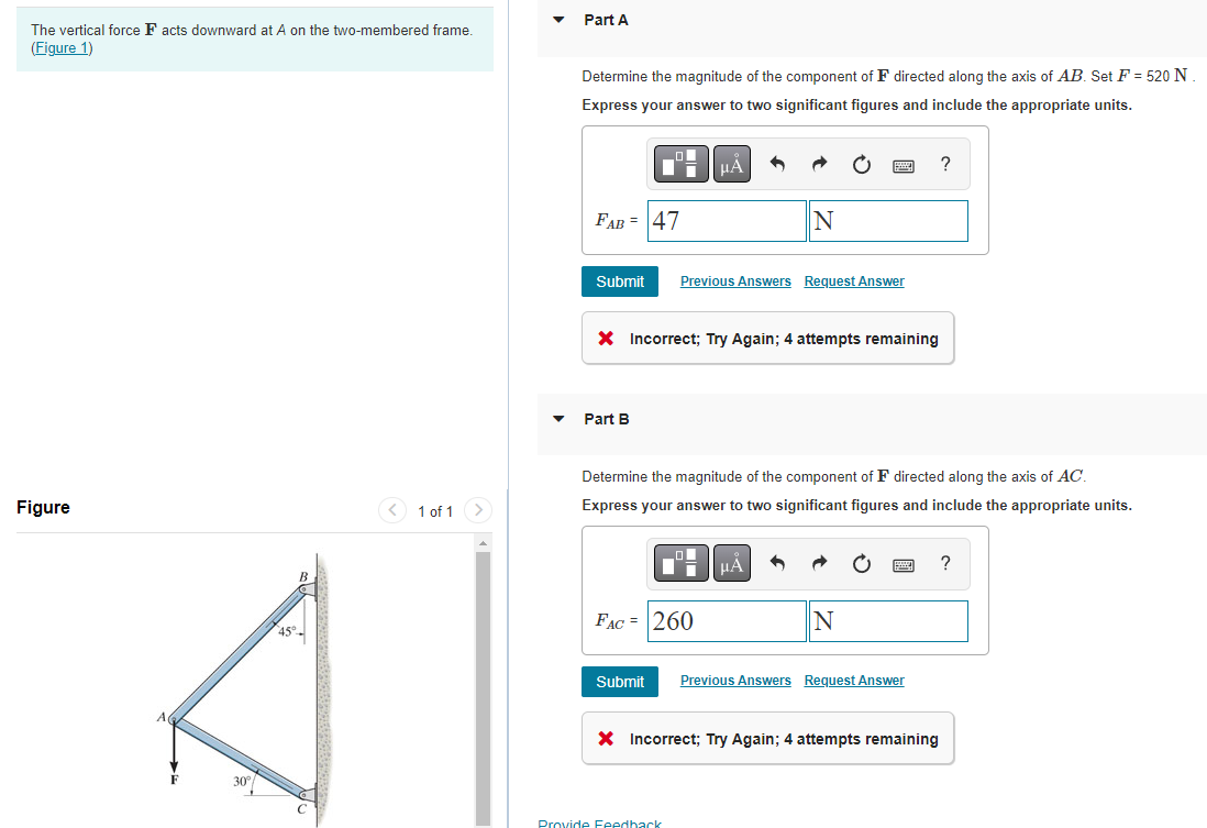 Part A The Vertical Force Facts Downward At A On The Two Membered Frame Figure 1 Determine The Magnitude Of The Compo 1