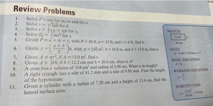 Sketch Review Problems 1 Solve F Ma For A Mand B A 2 Solve Va V2gh For H 3 Solve S Y Yr For V 4 Solve E 1