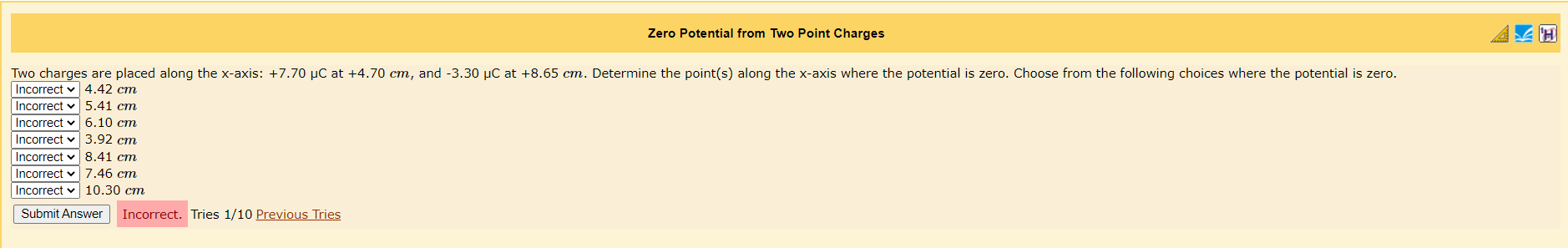 Zero Potential From Two Point Charges Ih Two Charges Are Placed Along The X Axis 7 70 C At 4 70 Cm And 3 30 Pc At 1