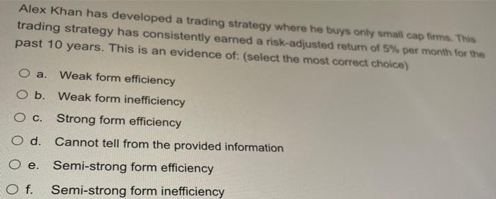 Alex Khan Has Developed A Trading Strategy Where He Buys Only Small Cap Firms This Trading Strategy Has Consistently Ea 1