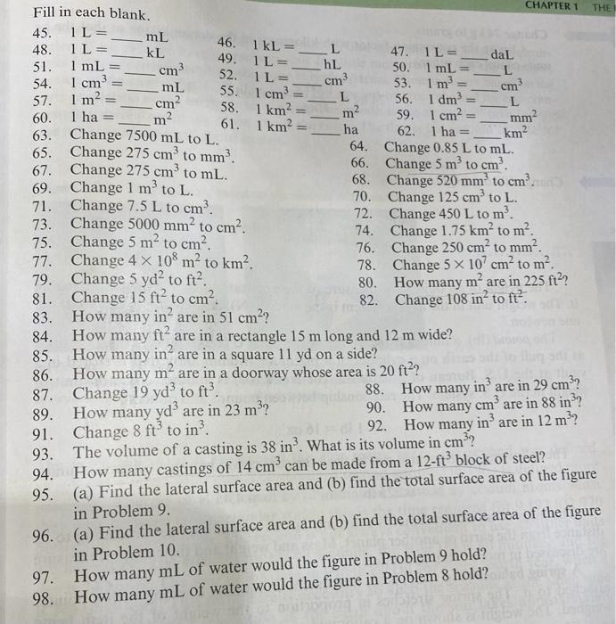 Chapter 1 The Hl 46 1 Kl 49 Il 52 Il 55 1 Cm 58 1 Km 61 1 Km Cm Cm2 M Fill In Each Blank 45 1l Ml 48 Il 1