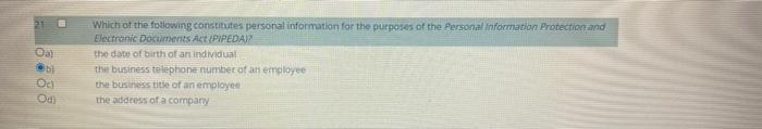 Oal Which Of The Following Constitutes Personal Information For The Purposes Of The Personal Information Protection And 1