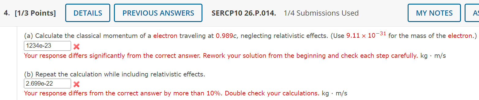 4 1 3 Points Details Previous Answers Sercp10 26 P 014 1 4 Submissions Used My Notes As A Calculate The Classical 1