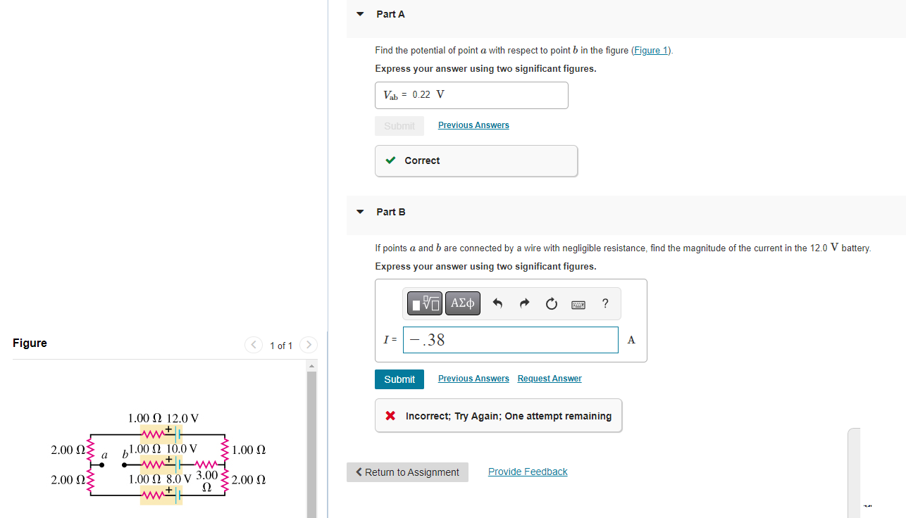 Part A Find The Potential Of Point A With Respect To Point B In The Figure Figure 1 Express Your Answer Using Two Sig 1