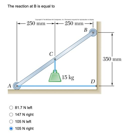 The Reaction At B Is Equal To De There Podrow 250 Mm 250 Mm B 350 Mm 15 Kg D A 81 7 N Left 147 N Right 105 N Left 105 N 1