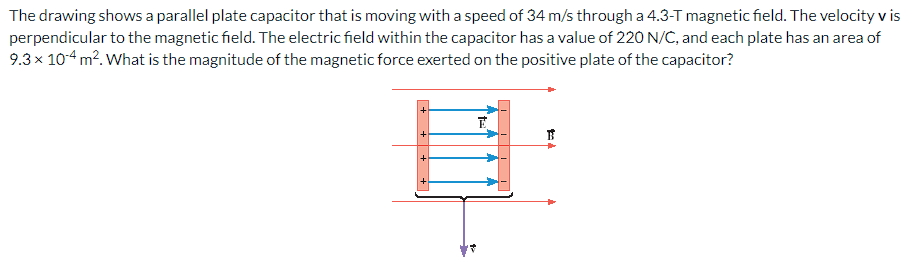 The Drawing Shows A Parallel Plate Capacitor That Is Moving With A Speed Of 34 M S Through A 4 3 T Magnetic Field The V 1