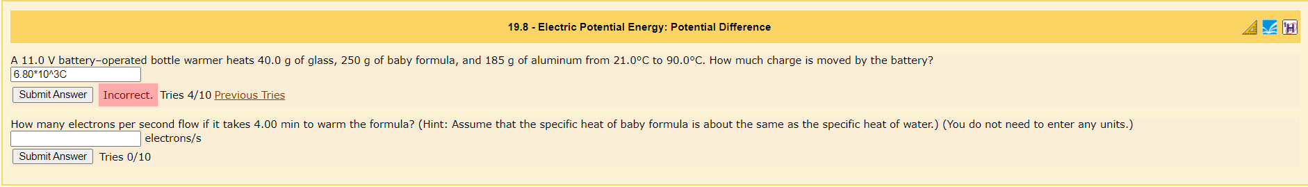 19 8 Electric Potential Energy Potential Difference H A 11 0 V Battery Operated Bottle Warmer Heats 40 0 G Of Glass 1