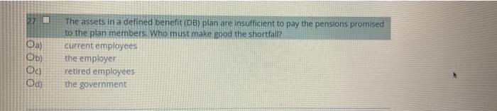 27 Oa Ob Oc Od The Assets In A Defined Benefit Db Plan Are Insufficient To Pay The Pensions Promised To The Plan M 1
