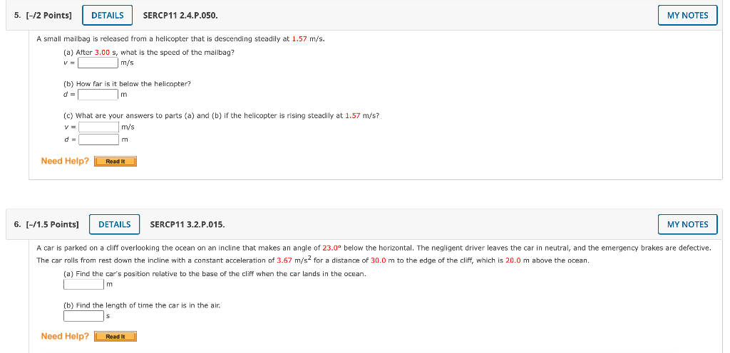 5 2 Points Details Sercp11 2 4 P 050 My Notes A Small Mailbag Is Released From A Helicopter That Is Descending Ste 1