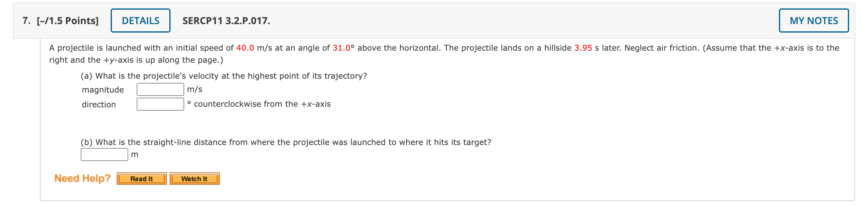 7 1 5 Points Details Sercp11 3 2 P 017 My Notes A Projectile Is Launched With An Initial Speed Of 40 0 M S At An A 1