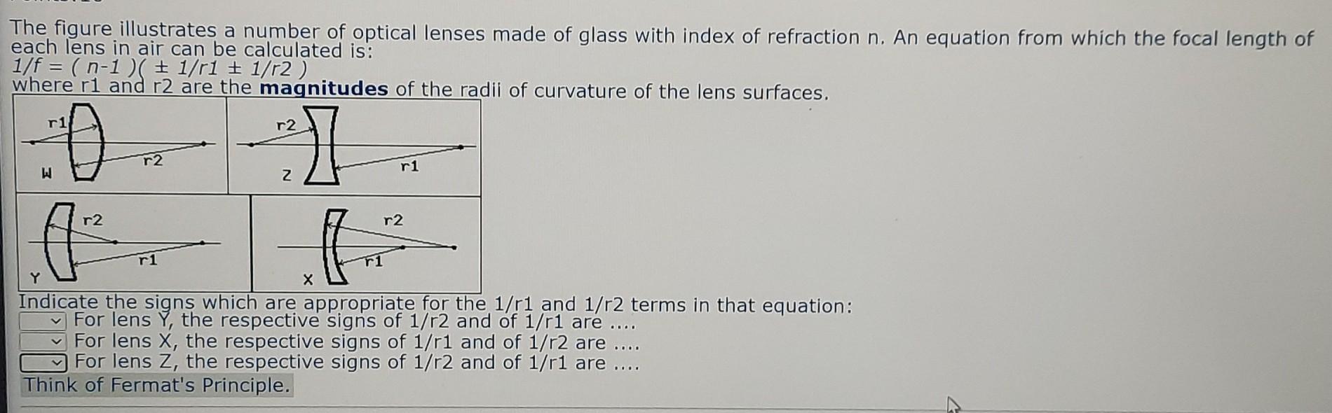 The Figure Illustrates A Number Of Optical Lenses Made Of Glass With Index Of Refraction N An Equation From Which The F 1