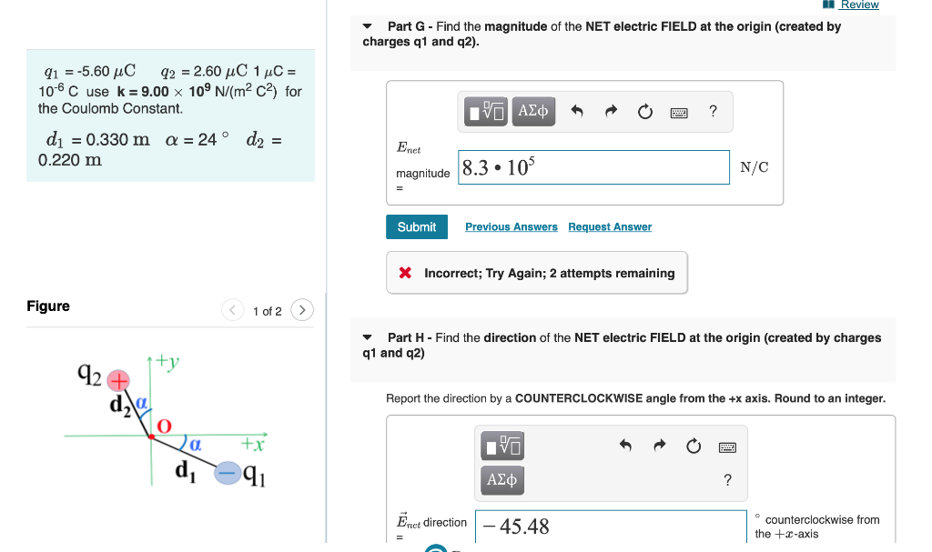 Review Part G Find The Magnitude Of The Net Electric Field At The Origin Created By Charges Q1 And 42 91 5 60 Uc 1