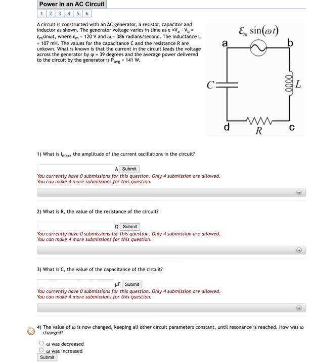 Power In An Ac Circuit 1 2 3 4 5 6 A Circuit Is Constructed With An Ac Generator A Resistor Capacitor And Inductor As 1