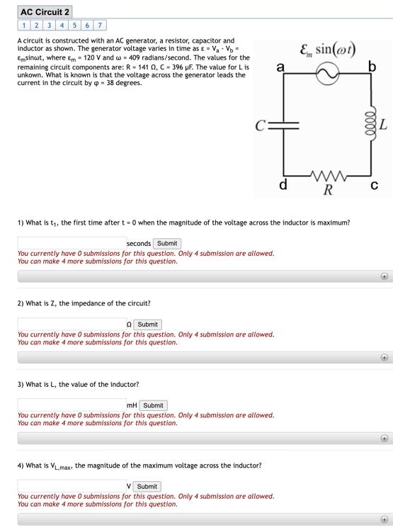 Ac Circuit 2 1 2 3 4 5 6 7 A Circuit Is Constructed With An Ac Generator A Resistor Capacitor And Inductor As Shown T 1