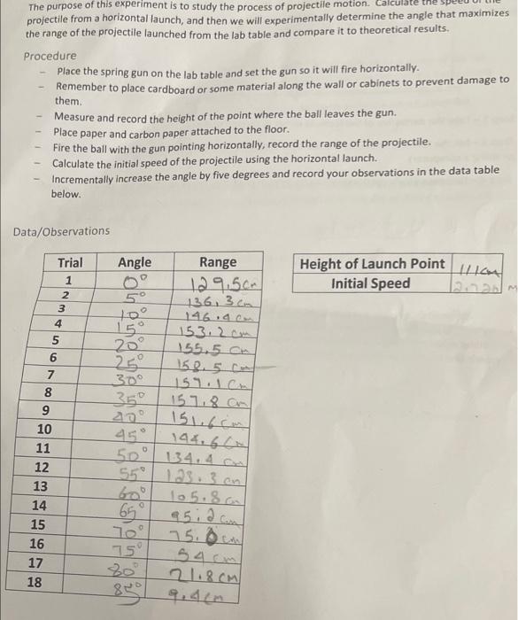 The Purpose Of This Experiment Is To Study The Process Of Projectile Motion Projectile From A Horizontal Launch And The 1