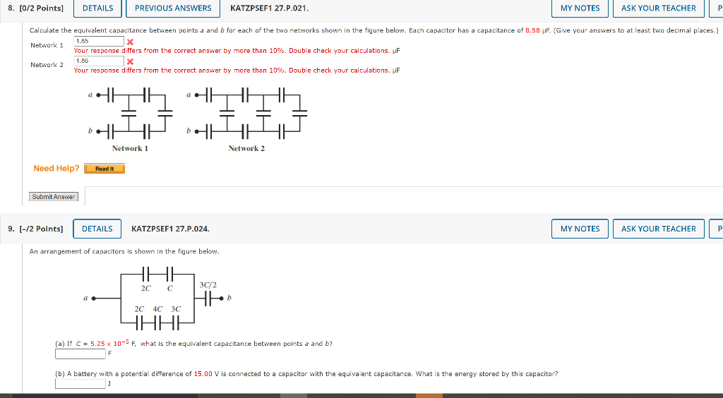 8 0 2 Points Details Previous Answers Katzpsef1 27 P 021 My Notes Ask Your Teacher Calculate The Equivalent Capacita 1