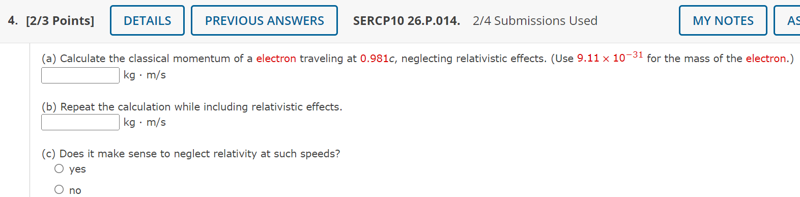 4 2 3 Points Details Previous Answers Sercp10 26 P 014 2 4 Submissions Used My Notes As A Calculate The Classical 1