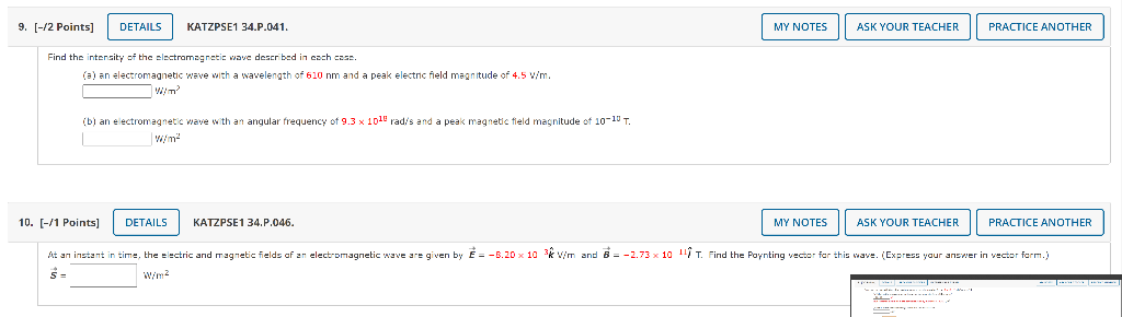 9 12 Points Details Katzpse1 34 P 041 My Notes Ask Your Teacher Practice Another Find The Intersity Of The Electrom 1