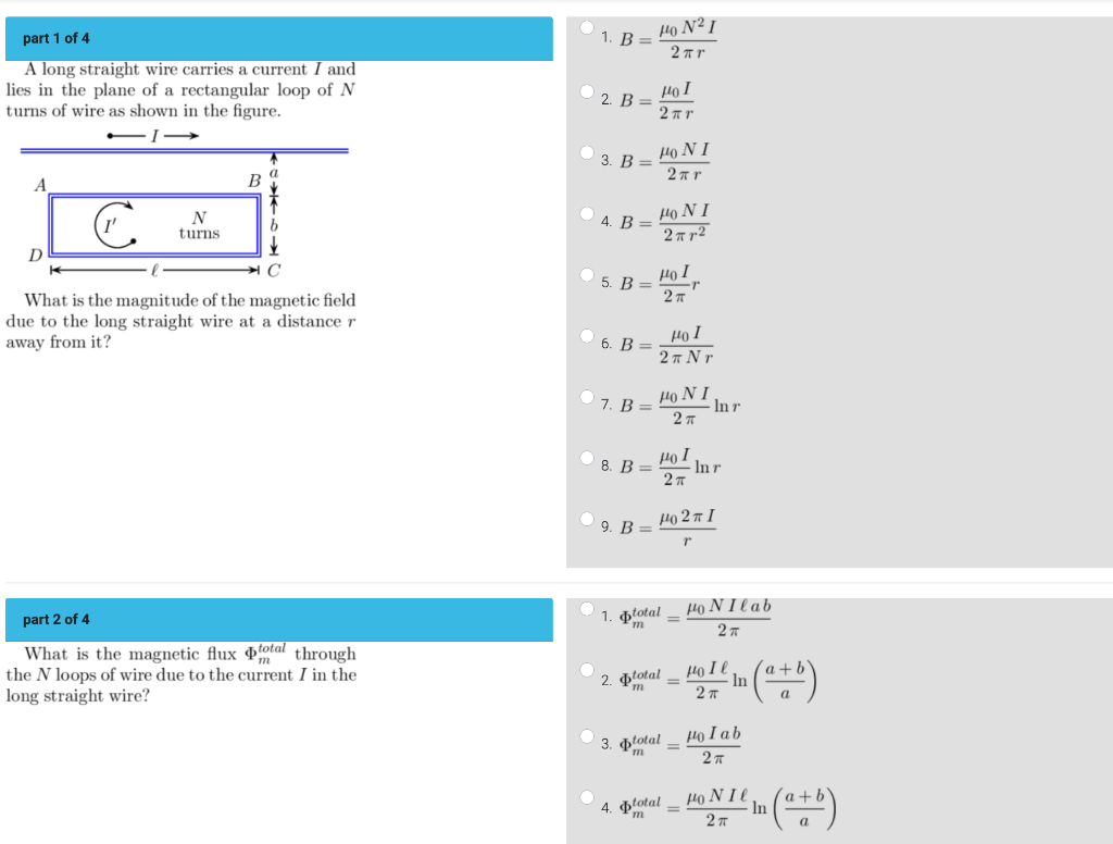 Mo N21 Part 1 Of 4 1 B 277 A Long Straight Wire Carries A Current I And Lies In The Plane Of A Rectangular Loop Of N T 1