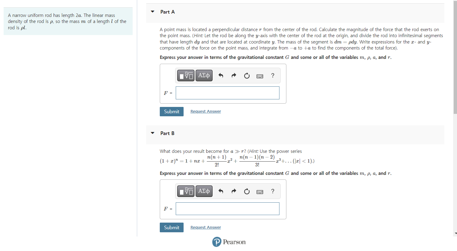 Part A A Narrow Uniform Rod Has Length 2a The Linear Mass Density Of The Rod Is P So The Mass M Of A Length 1 Of The R 1