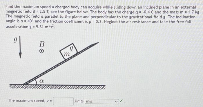 Find The Maximum Speed A Charged Body Can Acquire While Sliding Down An Inclined Plane In An External Magnetic Field B 1