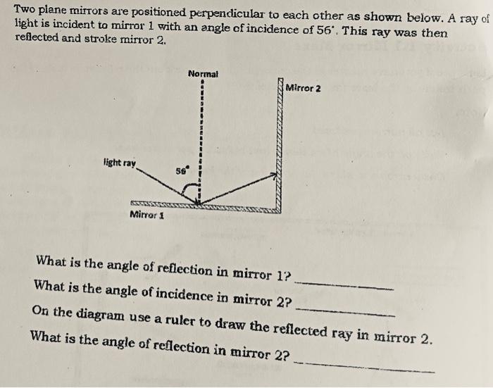 Two Plane Mirrors Are Positioned Perpendicular To Each Other As Shown Below A Ray Of Light Is Incident To Mirror 1 With 1
