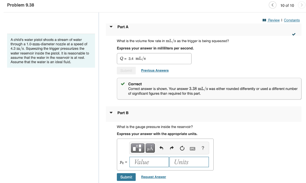 Problem 9 38 10 Of 10 A Review Constants Part A What Is The Volume Flow Rate In Ml S As The Trigger Is Being Squeezed 1